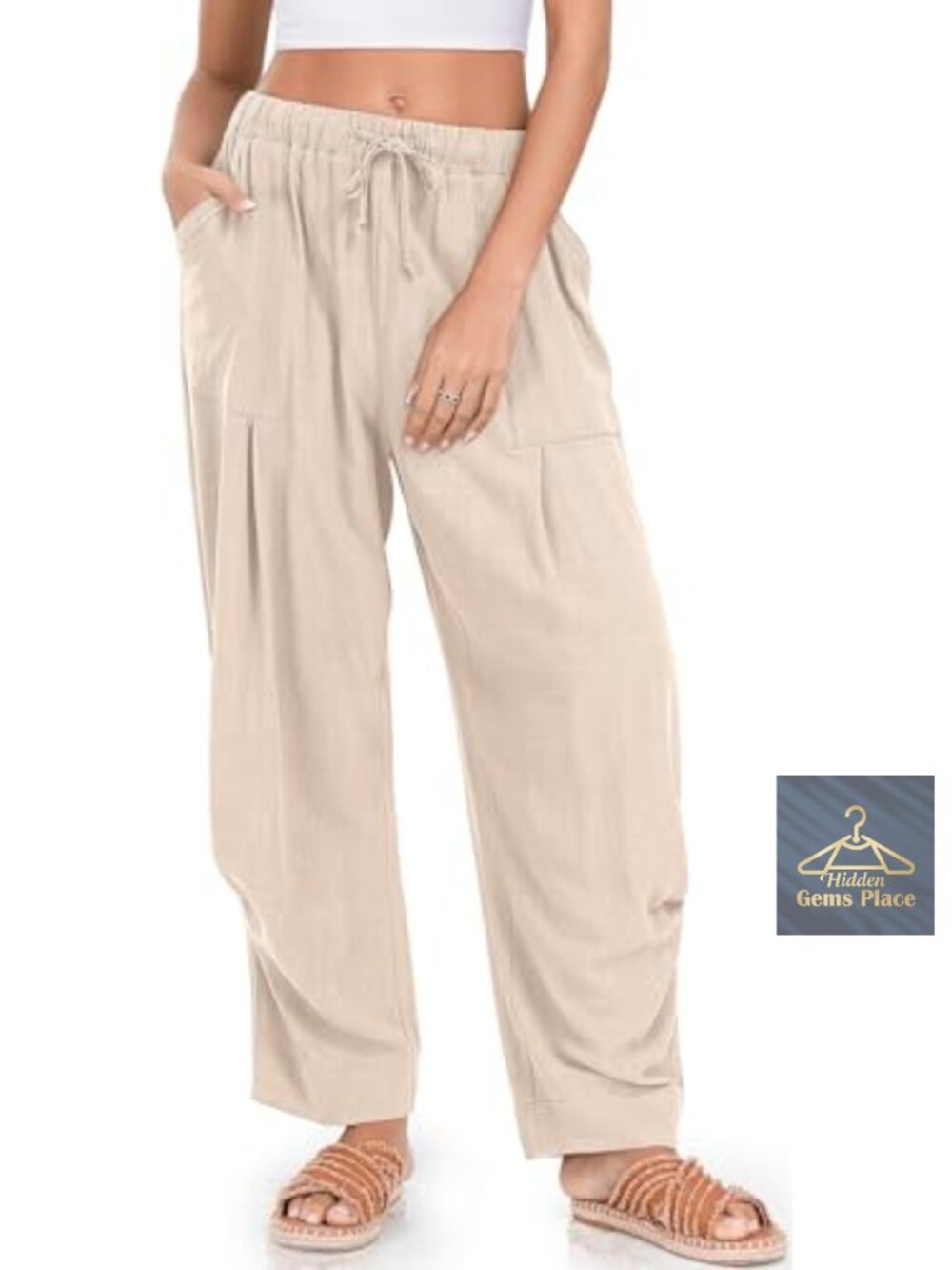 Women Linen Harem Pants Drawstring Casual Lounge Pant with Pockets